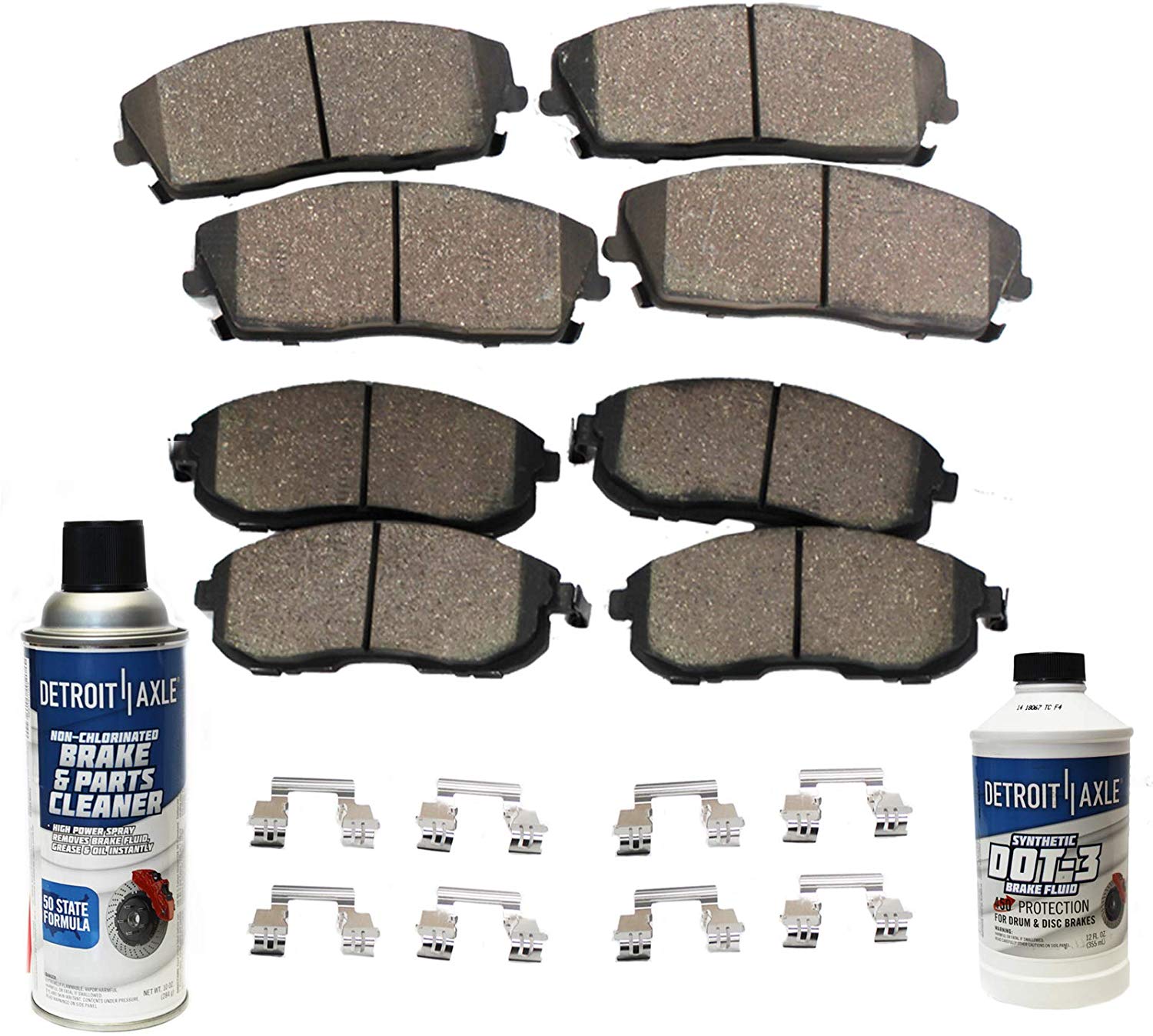 Detroit Axle- FRONT & REAR Ceramic Brake Pads w/Hardware, Brake Fluid & Cleaner for 2011-2018 Dodge Durango NO HD Brakes - [2011-2018 Grand Cherokee NO HD Brake or SRT]