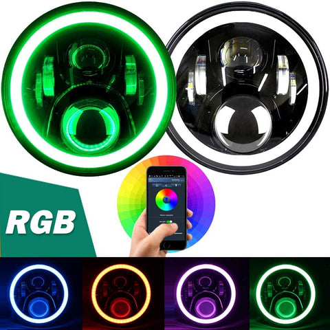 Aukmak 7 inch LED Headlights RGB Halo Ring Angel Eyes 7” Round Multicolor DRL Bluetooth Remote Control for Jeep Wrangler JK LJ CJ Sahara Sport Rubicon Headlamp 1997~2017