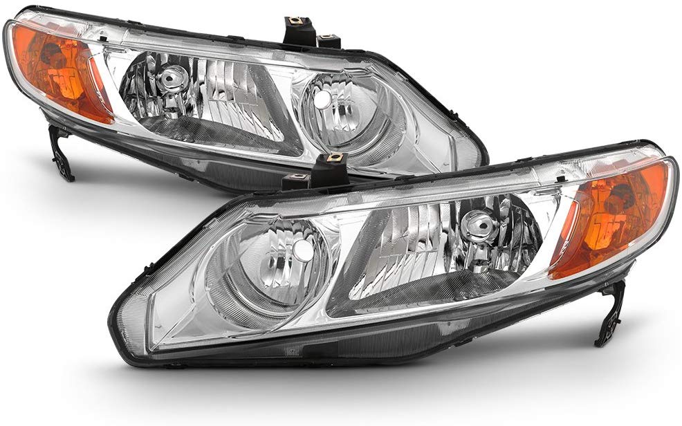 For 2006-11 Honda Civic 4DRs Amber Corner Headlights Assembly Chrome Housing Clear Lens Full Set
