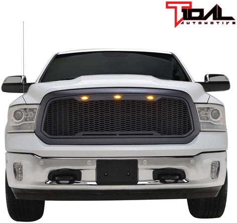 Tidal Replacement Ram Front Grille Upper Grill - Charcoal Gray - With Amber LED Lights for 13-18 Dodge Ram 1500