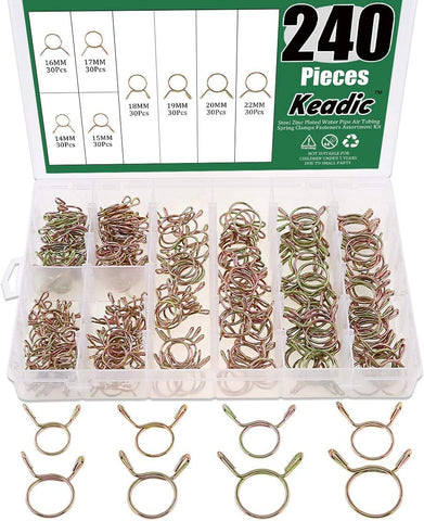 Keadic 14/15/16/17/18/19/20/22mm Fuel Hose Clamps Steel Zinc Plated Air Tubing Water Pipe 240Pcs Spring Clips Clamps Fasteners Assortment Kit for Motorcycle Scooter ATV