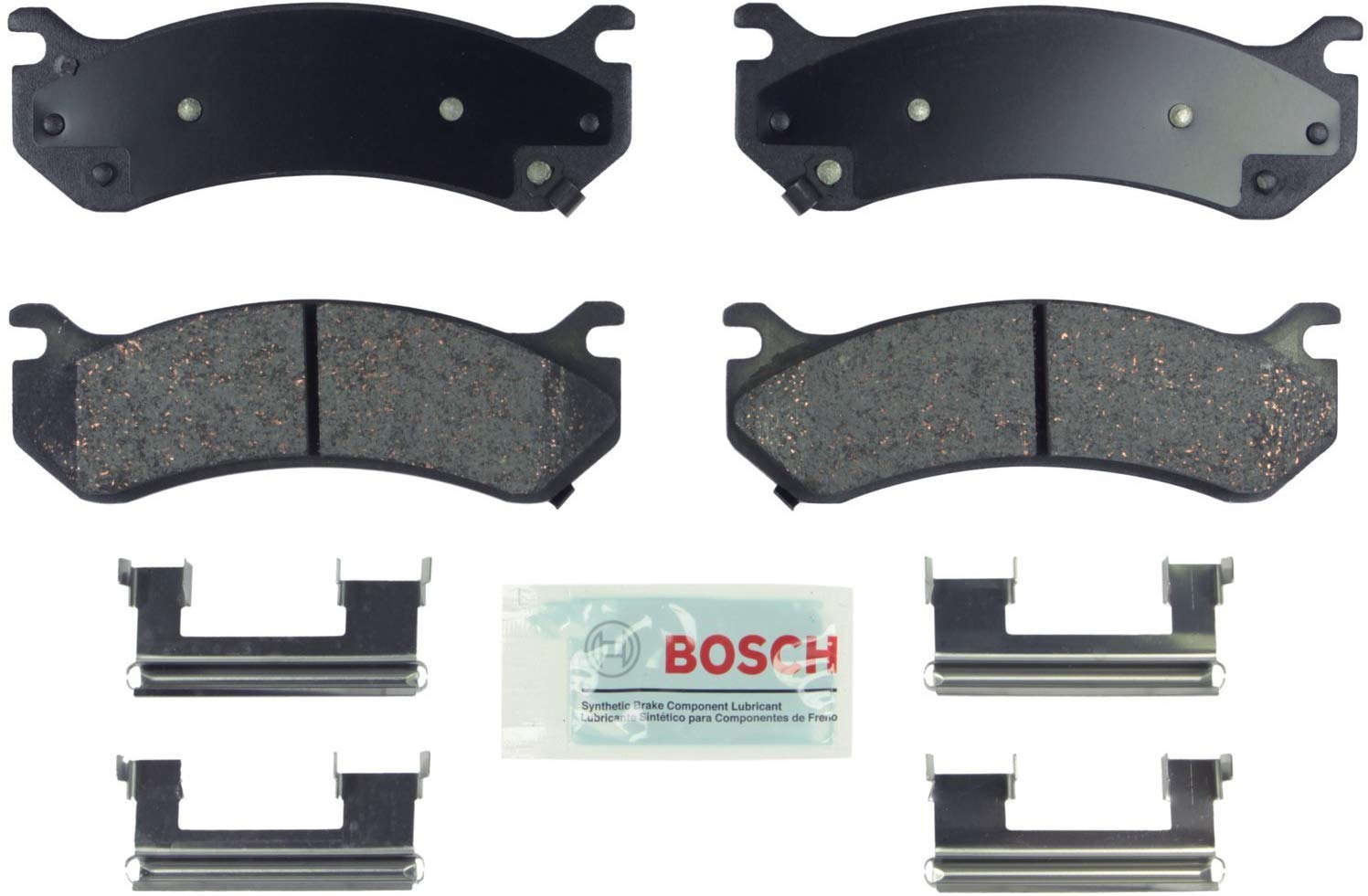 Bosch BE785H Blue Disc Brake Pad Set with Hardware for Select Cadillac, Chevrolet, GMC, and Hummer Trucks, Vans, and SUVs - FRONT & REAR