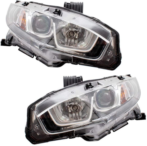 Brock Replacement Set Halogen Headlights with Chrome Bezels Compatible with 2016-2019 Civic Sedan Coupe Hatchback