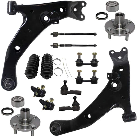 Detroit Axle - 14pc Front Lower Control Arms w/Ball Joints, Inner Outer Tie Rods Boots Sway Bar Links & Wheel Hub Bearing Kit for 1998-02 Chevrolet Prizm /1996-97 Geo Prizm /1996-02 Toyota Corolla