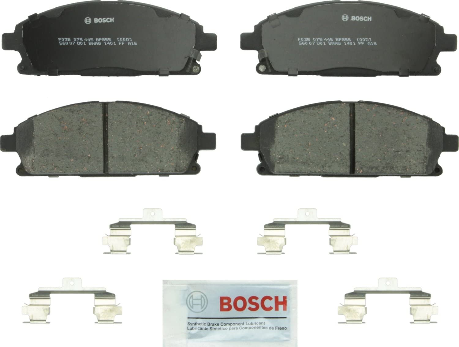 Bosch BP855 QuietCast Premium Semi-Metallic Disc Brake Pad Set For Acura: 2003-06 MDX; Infiniti: 1999-01 Q45, 2002-03 QX4; Nissan: 2002-04 Pathfinder, 2004-09 Quest; Front