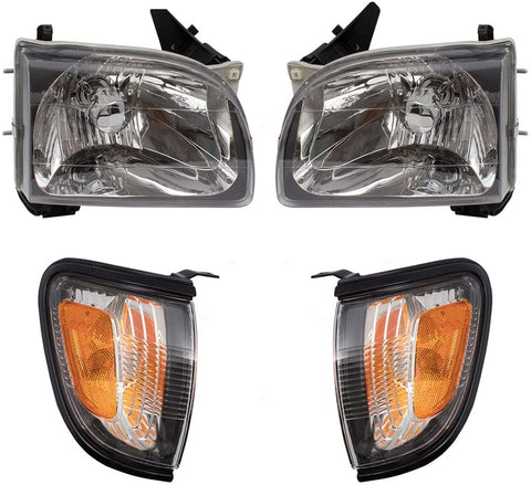 4 Piece Set Halogen Headlights w/Park Signal Corner Marker Lamps w/Black Bezels Replacement for 01-04 Toyota Tacoma Pickup Truck