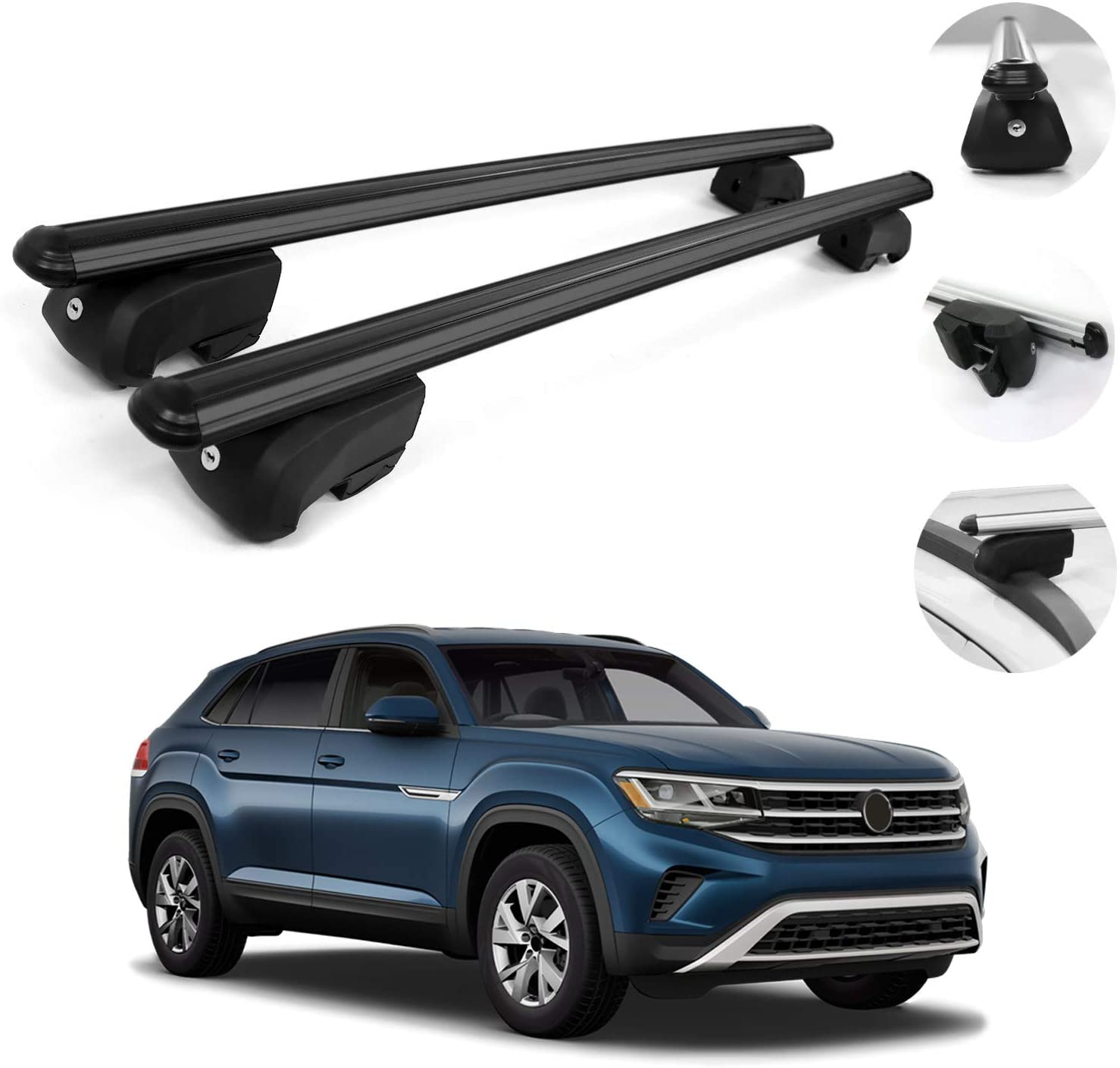 OMAC Automotive Exterior Accessories Roof Rack Crossbars | Aluminum Black Roof Top Cargo Racks | Luggage Ski Kayak Bike Carriers Set 2 Pcs | Fits Volkswagen Atlas Cross Sport 2020-2021