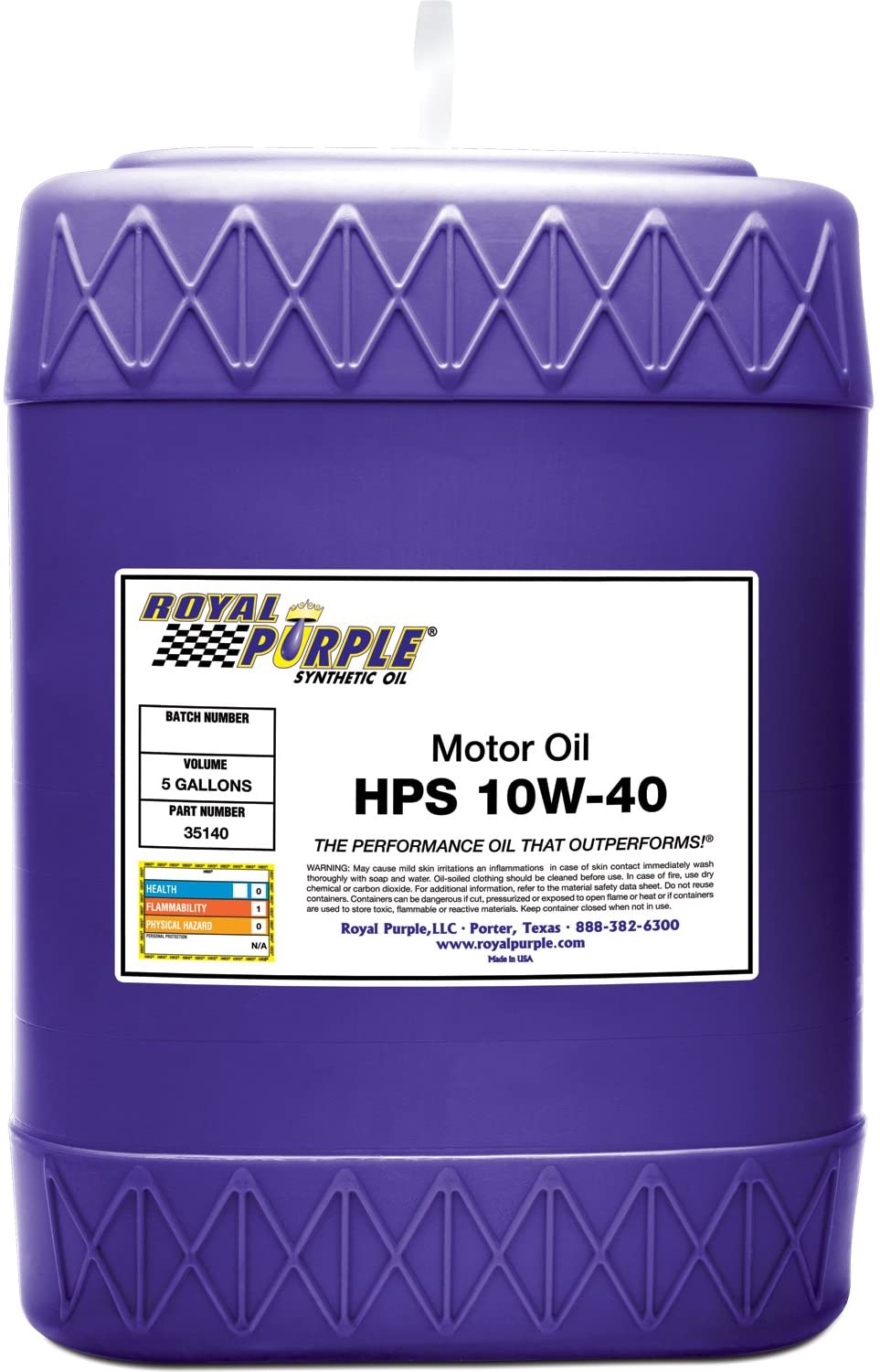 Royal Purple 35140 HPS 10W-40 High Performance Street Synthetic Motor Oil with Synerlec - 5 gal.