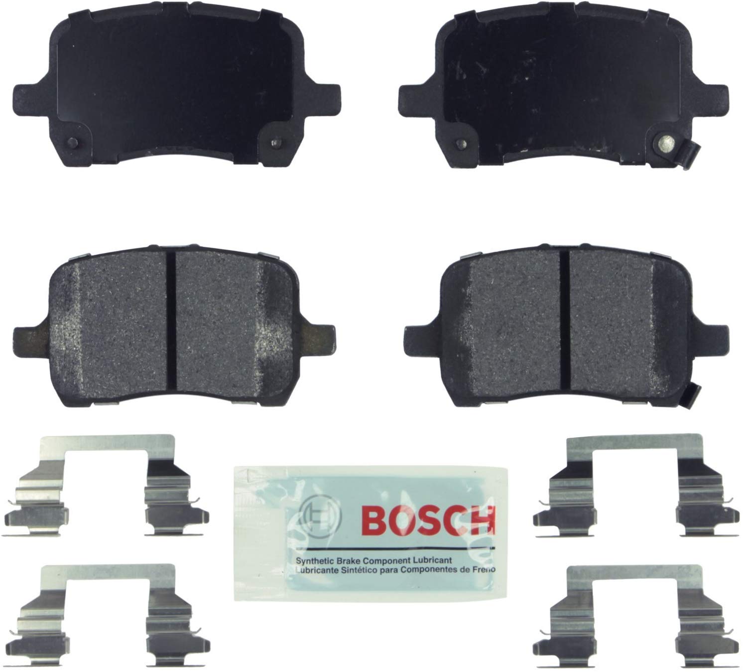 Bosch BE1028H Blue Disc Brake Pad Set with Hardware for Select Chevrolet Cobalt, HHR, Malibu; Pontiac G5, G6, Pursuit, Solstice; and Saturn Ion, Sky - FRONT