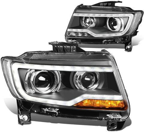 DNA Motoring HL-COMPASSLL-BK Black Housing Amber Signal Projector Headlights With LED DRL For 11-13 Compass