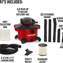 CRAFTSMAN CMXEVBE17606 12 gallon 6 Peak Hp Wet/Dry Vac with Detachable Leaf Blower, Portable Shop Vacuum with Attachments