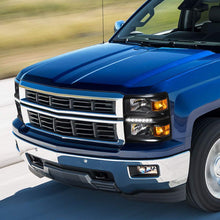LED DRL Headlight Assembly Compatible with Chevy Silverado 14-15 Headlamps with Black Housing Amber Corner Pair