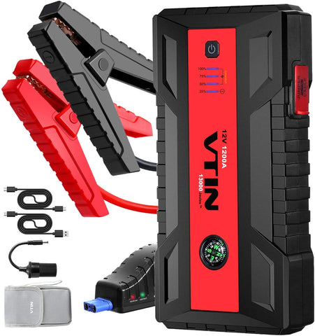 VTIN Upgraded 1200A Car Jump Starter, 12V Power Pack Jump Starter (Up to 8.0L Gas 6.0L Diesel Engines) Portable Battery Booster Power Bank with QC 3.0 Outputs Type-C Port & Safety Jumper Cable