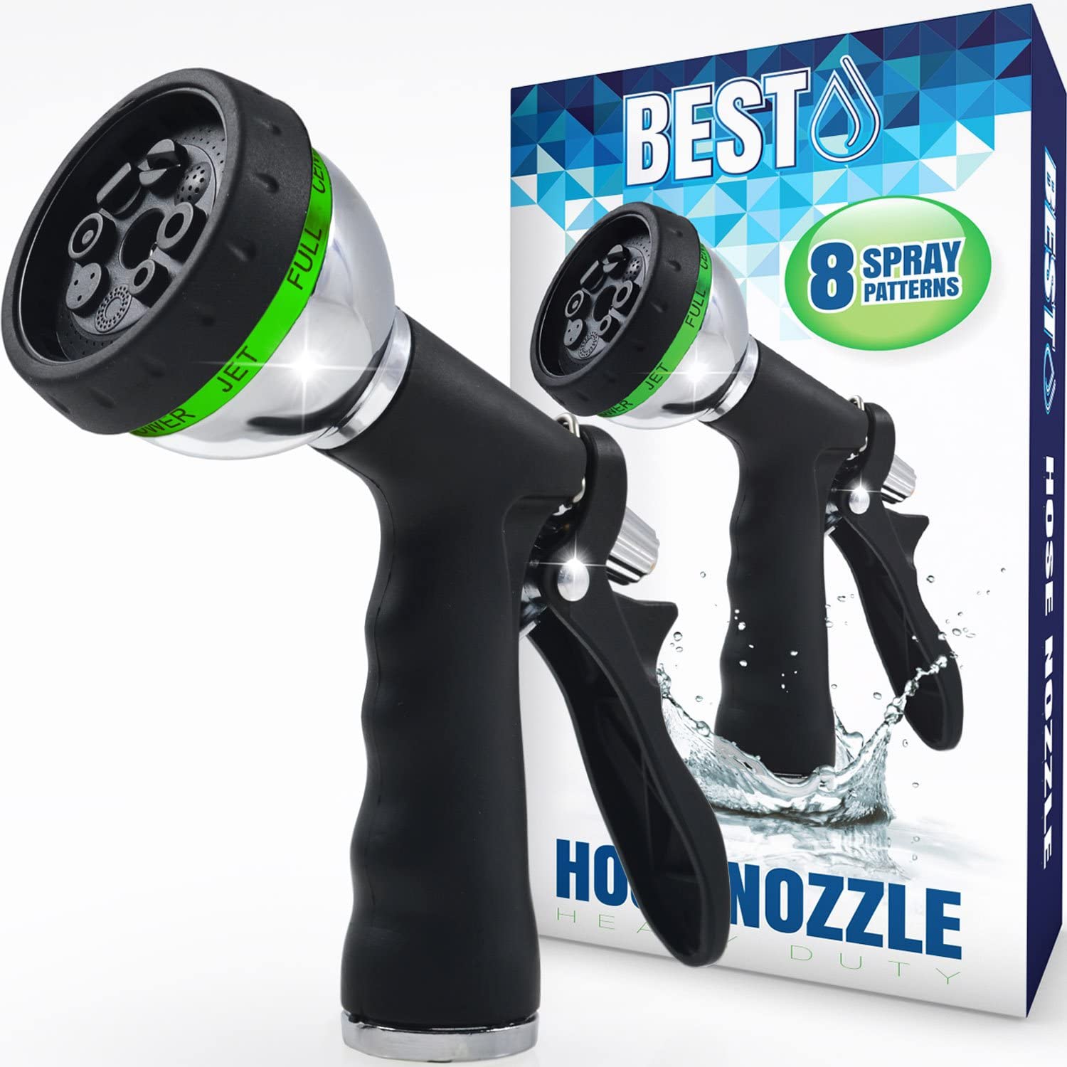 BEST Garden Hose Nozzle (HIGH Pressure Technology) - 8 Way Spray Pattern - Jet, Mist, Shower, Flat, Full, Center, Cone, and Angel Water Sprayer Settings - Rear Trigger Design - Steel Chrome Design (1 Pack)