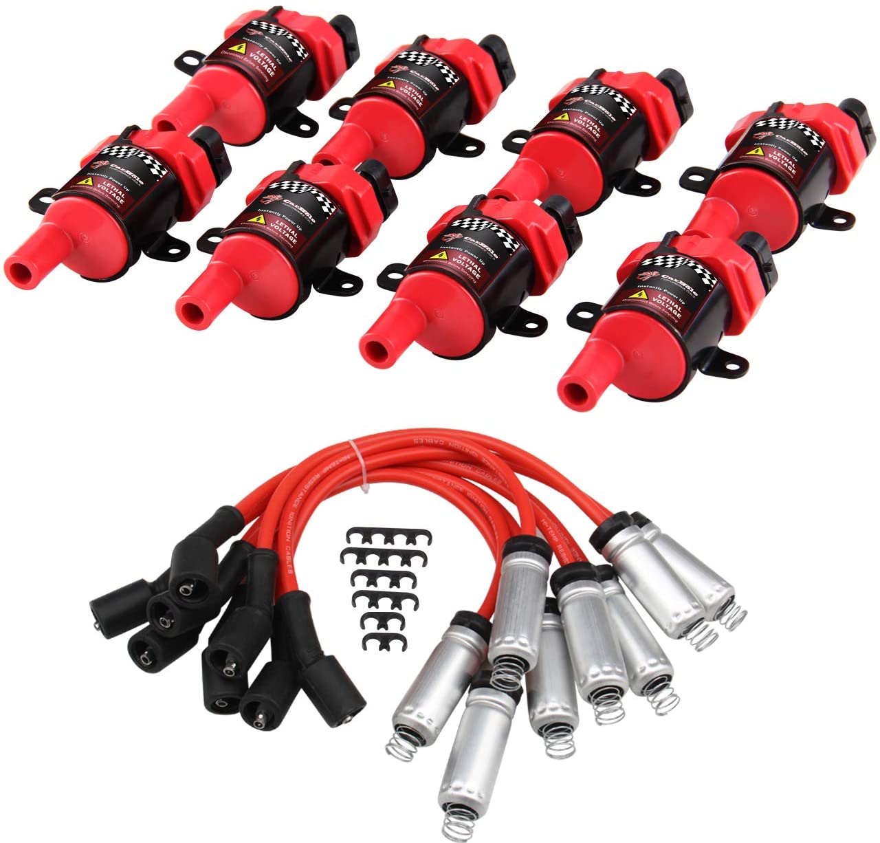 High Performance 8Pcs D585 UF262 Ignition Coils Pack Round Type + 8Pcs 8mm Spark Plug Wire Set Part Number 748UU 12622553 12656210-15% More Energy