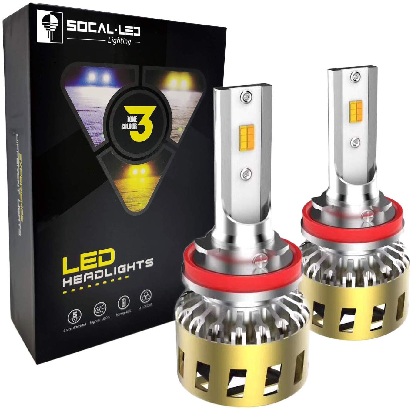 SOCAL-LED 2x Tricolor H11 LED Conversion Kit Super Bright 40W Headlight Bulbs 3000K 4300K 6000K Switchback 3-IN-1 CSP Chip