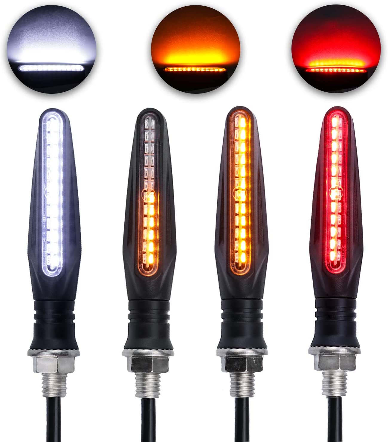 LivTee Super Bright 4PCS Motorcycle Indicators Flowing Turn Signal Brake Lights & Daytime Running Lights 12V for Motorbike Scooter Quad Cruiser Harley Kawasaki Yamaha Suzuki Off Road, White/Red/Amber