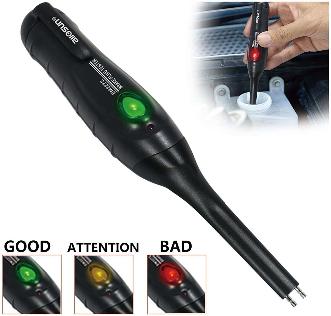 Allsun Portable Brake Fluid Tester Auto Tools Diagnostic Testing Tool Automotive Brakes Calibrated For DOT 3, DOT4, and DOT 5 with 1 LED Indicator