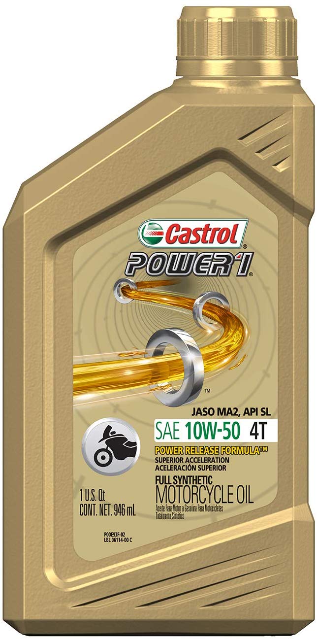 Castrol 06114 POWER 1 4T 10W-50 Synthetic Motorcycle Oil, 1 Quart Bottle, 6 Pack