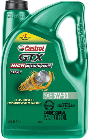 Castrol 03102 GTX High Mileage 5W-30 Synthetic Blend Motor Oil, 5 Quart