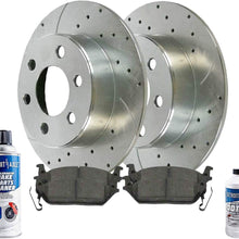Detroit Axle - Pair (2) Rear Drilled and Slotted Disc Brake Kit Rotors w/Ceramic Pads w/Hardware & Brake Kit Cleaner & Fluid for 2004-2010 Infiniti QX56 - [2004-2015 Nissan Armada] - 2004-2015 Titan