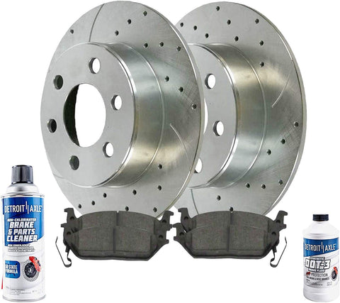 Detroit Axle - Pair (2) Rear Drilled and Slotted Disc Brake Kit Rotors w/Ceramic Pads w/Hardware & Brake Kit Cleaner & Fluid for 2004-2010 Infiniti QX56 - [2004-2015 Nissan Armada] - 2004-2015 Titan