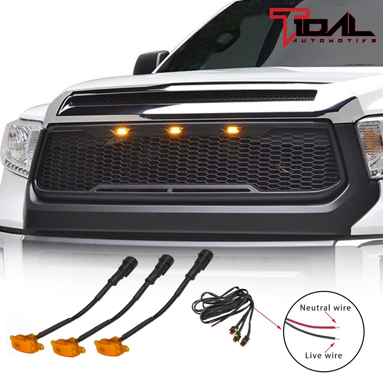 Tidal Replacement Tundra ABS Grille Upper Front Hood Grill - Matte Black - With Amber LED Lights for 14-20 Tundra