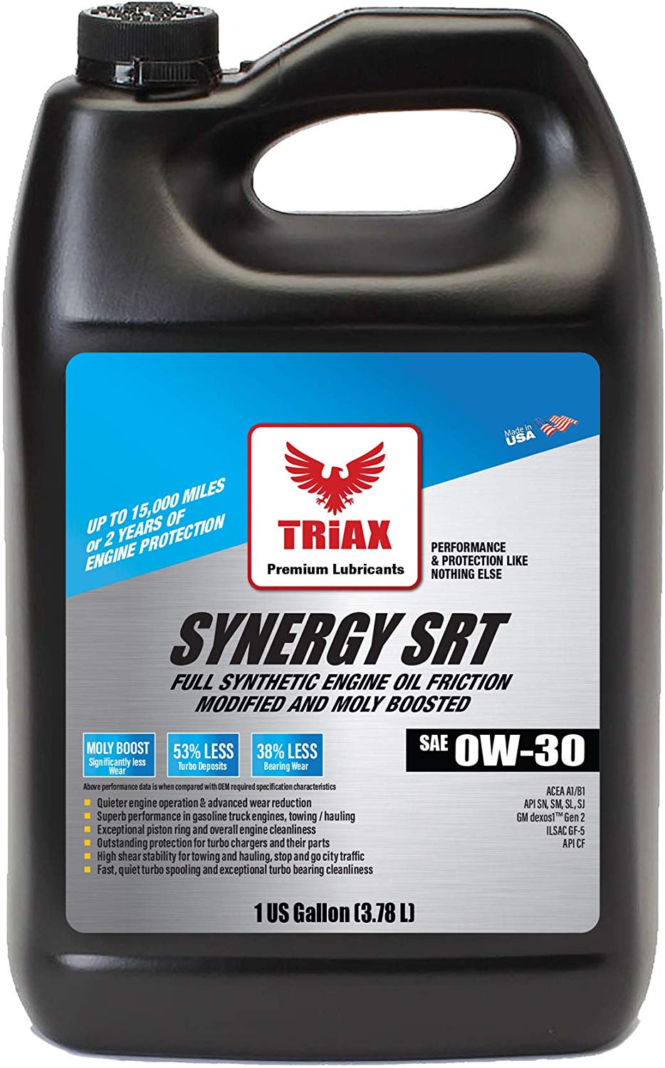 Triax Synergy SRT 0W-30 Full Synthetic | SN Plus API Licensed | Moly & Boron Friction Modified | 15,000 Miles or 2 Years (1 Gallon (Pack of 1))