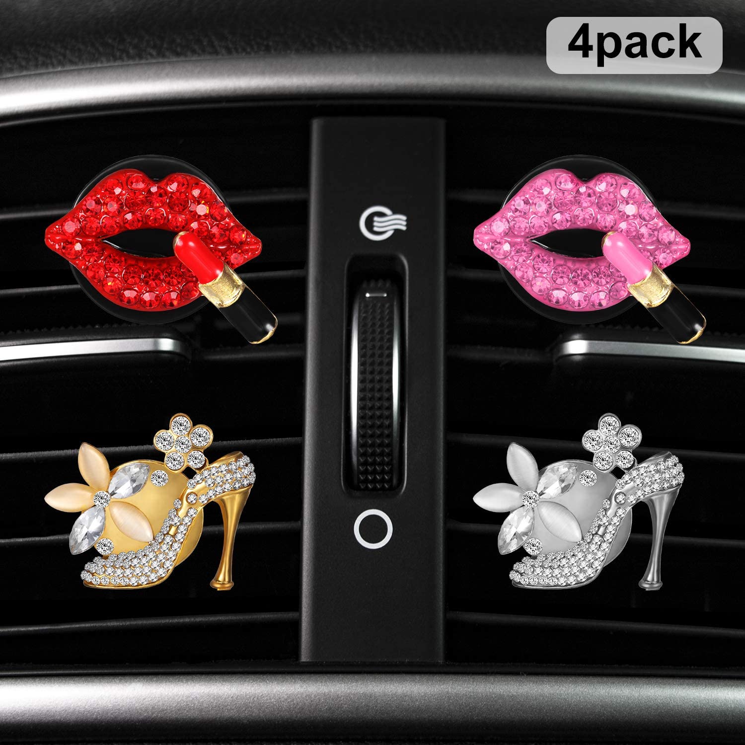 Boao 4 Pieces Car Air Vent Clip Charms Air Vent Decoration, Rhinestone Lipstick and Crystal High Heel Shoe Car Air Freshener Clip with Fragrance Cotton Pads