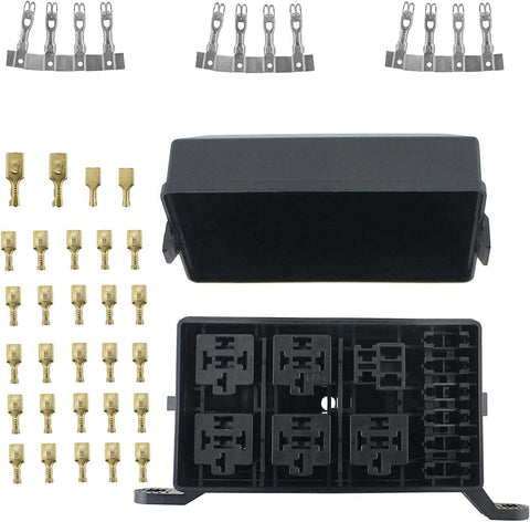 12-Slot Relay Box 6 Relays 6 Standard Fuses Holder Block with 41pcs Metallic Pins Universal for Automotive Accessories (Color : Black)