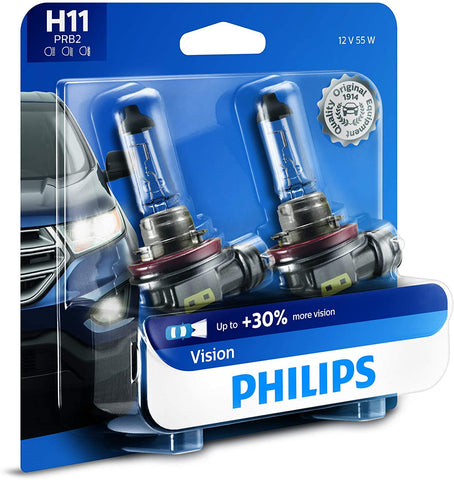Philips H11 Vision Upgrade Headlight Bulb with up to 30% More Vision, 2 Pack,12362PRB2