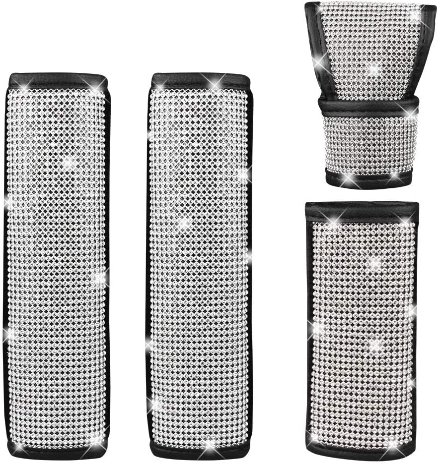 LALATECH 2 Packs Univeral Diamond Leather Seat Belt Shoulder Pads for Women, Bling Rhinestones Car Bling Seat Belt Covers, Crystal Handbrake Cover, Bling Ring Car Accessories (4 Pack) (Black)