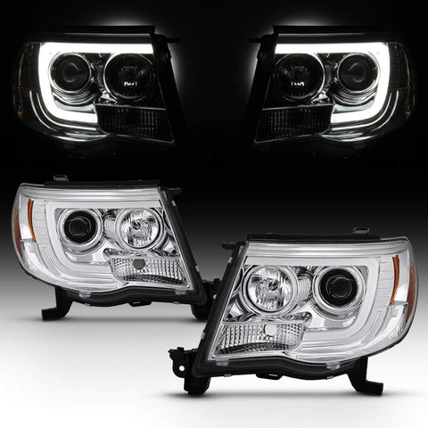 For 2005-2011 Toyota Tacoma DRL LED Light Tube Chrome Projector Headlight Assembly L+R