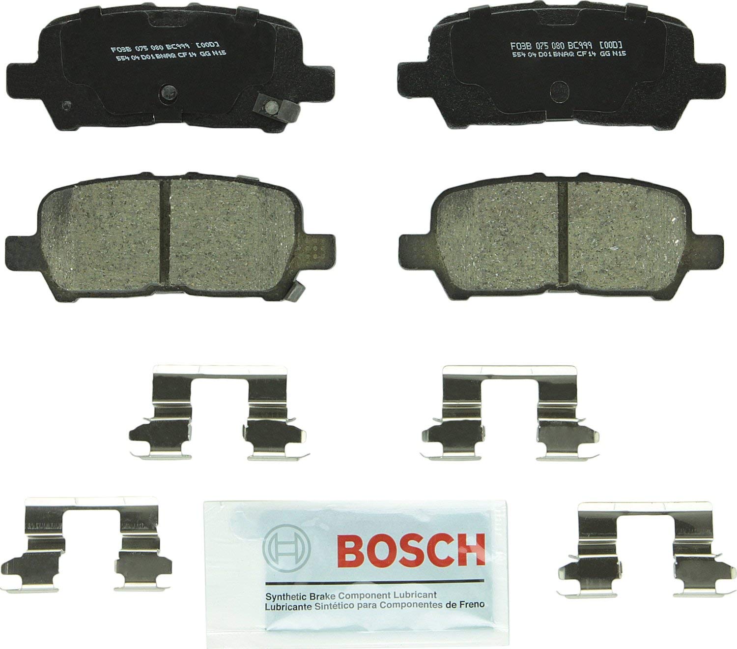 Bosch BC999 QuietCast Premium Ceramic Disc Brake Pad Set For Buick: 2005-2009 Allure, 2005-2009 LaCrosse; Chevrolet: 2011-2013 Impala, 2014-2016 Impala Limited; Pontiac: 2004-2008 Grand Prix; Rear