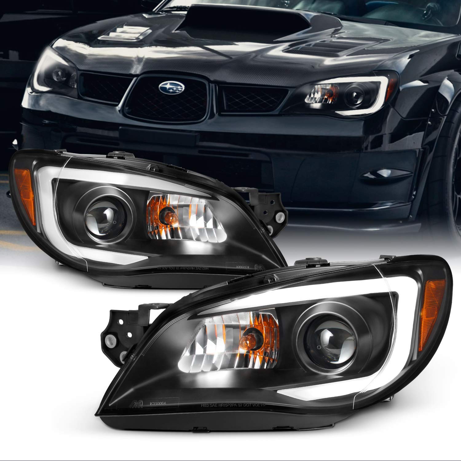 For 2006-07 Subaru Impreza LED Daytime Running Lamp Strip Projector Headlights Black Housing Clear Lens Full Set