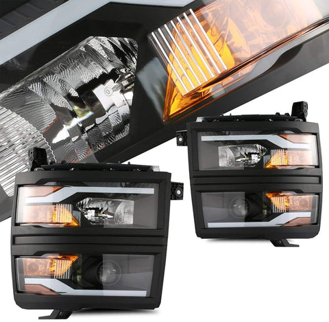 SCITOO Headlight Assembly Kit for Chevy Silverado 2014 2015 Projector DRL Black Housing Clear Lens Headlight Lamps Pair LH+RH