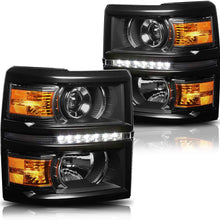LED DRL Projector Headlight Assembly Compatible with Chevy Silverado 14-15 Headlamps with Black Housing Amber Corner