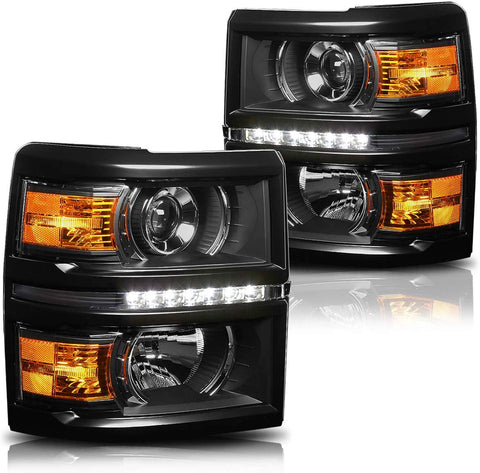 LED DRL Projector Headlight Assembly Compatible with Chevy Silverado 14-15 Headlamps with Black Housing Amber Corner