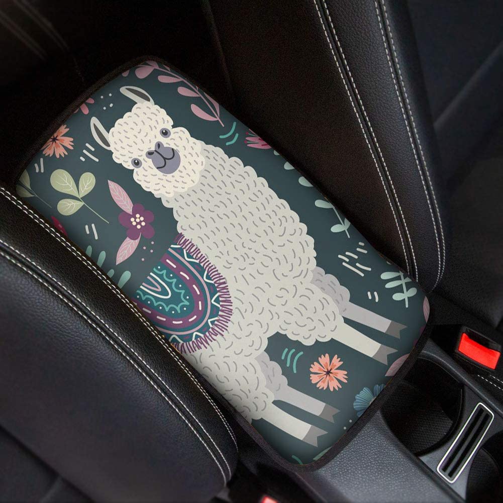 Showudesigns Auto Center Console Armrest Cover Llama Flower Print Universal Fit Center Console Armrest Cushion for Car Seat Handrail Box Arm Rest Cover