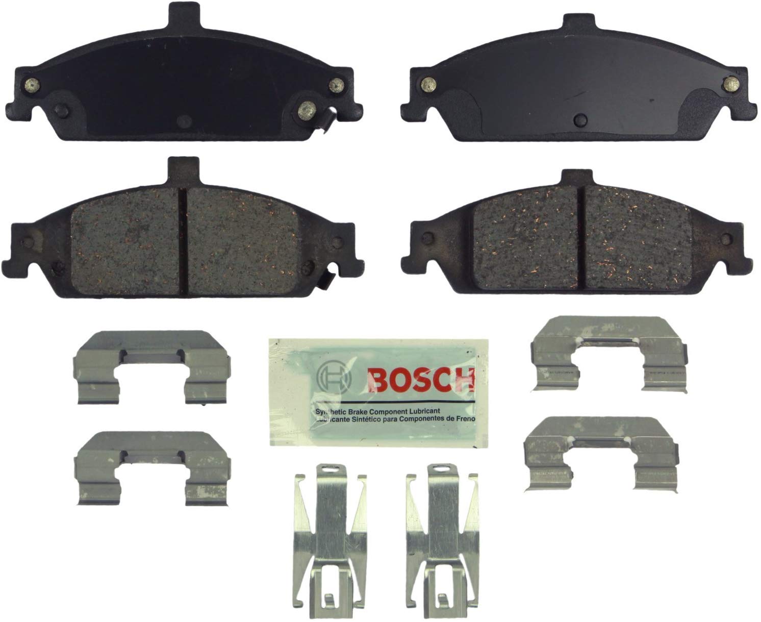 Bosch BE727H Blue Disc Brake Pad Set with Hardware for Select Chevrolet Classic, Malibu; Oldsmobile Alero, Cutlass; and Pontiac Grand Am - FRONT