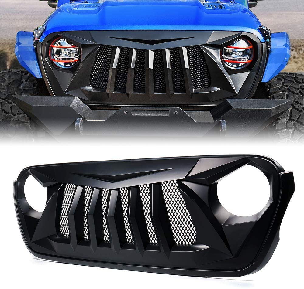 Xprite Matte Black Front Grille Grid Grill w/Mesh for 2018-2020 Jeep Wrangler JL JT - Black Widow Series (Black Widow Grill for JL JT)