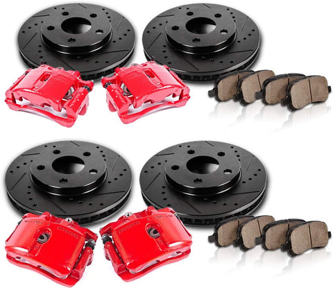 Callahan CCK05276 [4] FRONT + REAR Red Brake Calipers + [4] Black Drilled/Slotted Rotors + Ceramic Pads + Hardware