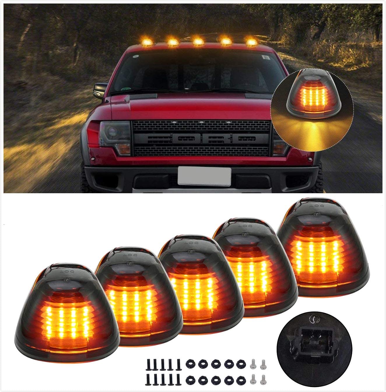 16LED Black Smoked Lens with Amber Cab Roof Top Marker Lamps Clearance Running Lights Assembly For 2002-2016 Ford E/F Super Duty Pickup Truck