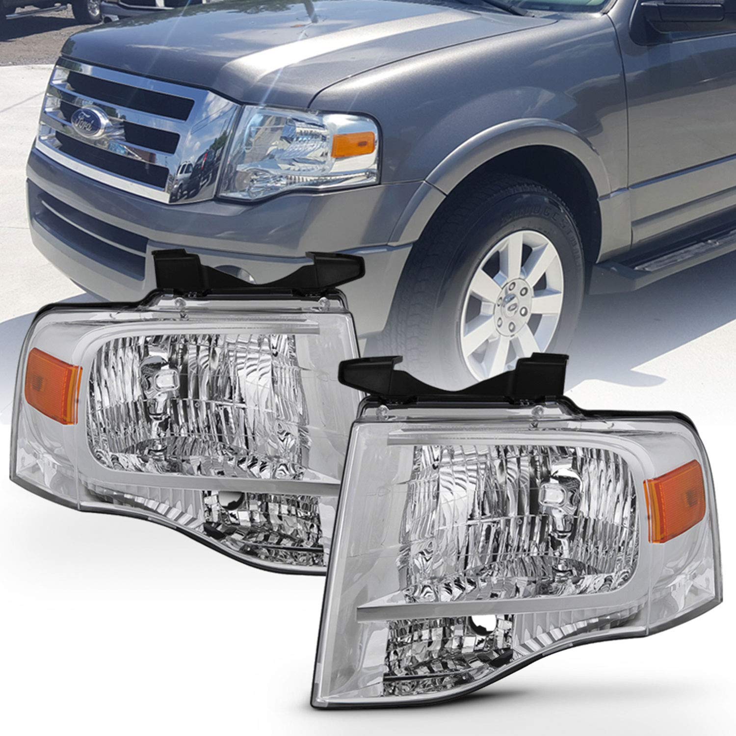 Fits 2007-2014 Ford Expedition SUV Chrome Headlights Replacement Headlamps Left Driver+Right Passenger Pair