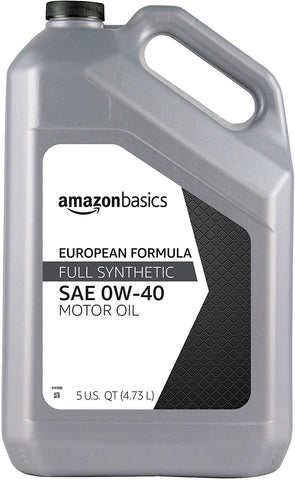 AmazonBasics Full Synthetic Motor Oil, Euro Formula for Turbo-Charged Vehicles, API SN, A3/B4, 0W-40, 5 Quart