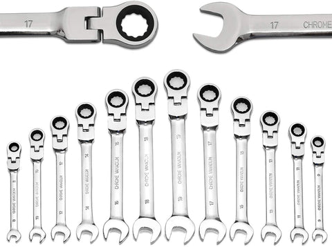 Yashong 12-Piece 8-19MM Metric Flex-Head Ratcheting Wrench Set, Professional Superior Quality Chrome Vanadium Steel Combination Ended Standard Kit with Portable Suspended Canvas Bag