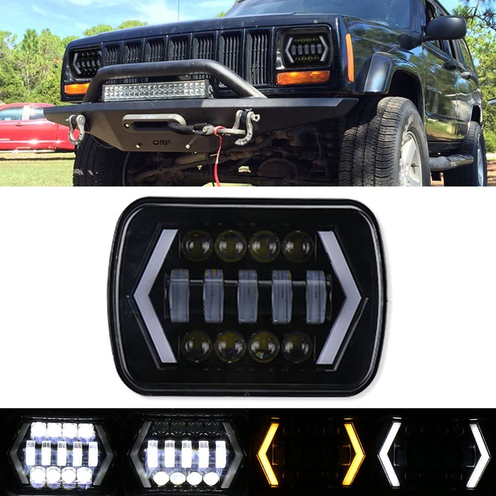 7x6 inch Halo LED Headlight, 5x7 inch Square LED Headlamp with Arrow Angel Eyes DRL Turn Signal Light Replaces H6054 H5054 H6054LL 69822 Fit Trucks Jeep Wrangler XJ YJ Sedans GMC --- Smoked Lens