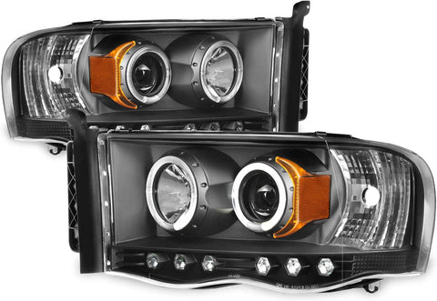 For 2002-2005 Dodge Ram 1500 | 2003-2005 Ram 2500 3500 Black Dual Halo Projector Headlights Pair Set