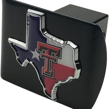 Texas Tech METAL State Shaped emblem (with Texas flag colors) on black METAL Hitch Cover