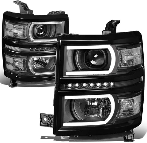 DNA Motoring HL-LB-CS15-BK-CL1 LED DRL+Tube Bar Projector Headlight Black/Clear[14-15 Chevy Silverado]